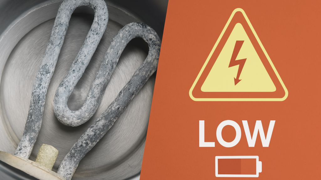 Illustration med kalkbelagt elkedelvarmelegeme til venstre og advarselsikon med lyn og 'LOW' batteri til højre – viser at kalkaflejringer forøger energiforbrug og reducerer energieffektivitet