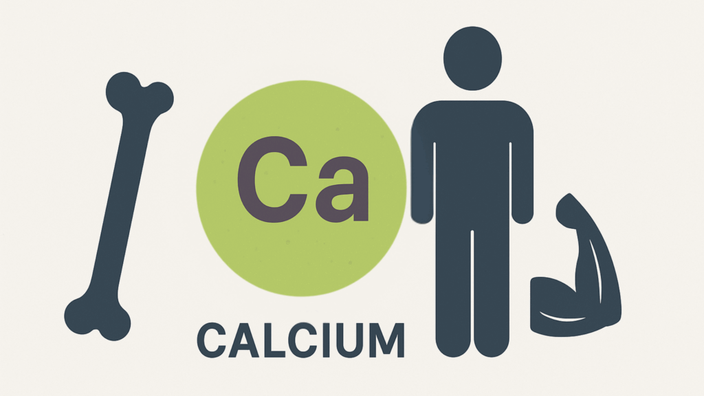 Illustration af kalk (calcium) med grønt Ca-symbol, knogle, menneskesilhuet og bøjet arm – viser hvordan calcium styrker knogler men giver kalkstriber og pletter på glas