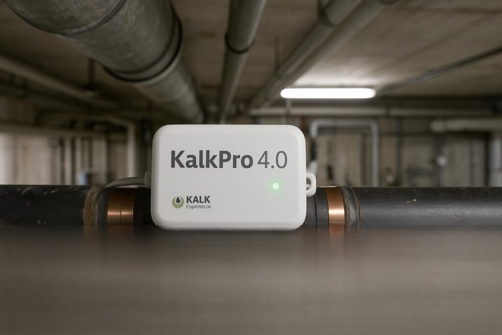 KalkPro 4.0 industrienhed monteret på stort vandrør i teknikrum med grønt lys på – elektronisk kalkspalter til erhvervsinstallationer, der forebygger kalkaflejringer