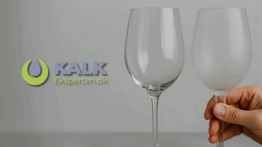 To vinglas side om side: det venstre er krystalklart, mens det højre er sløret af hvide kalkstriber og holdes af en hånd. Kalk Eksperten logo i venstre side – illustrerer forskellen på glas med og uden kalkaflejringer
