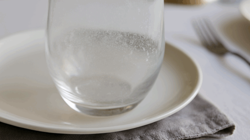 Tomt drikkeglas med hvide kalkstriber og pletter i bunden står på tallerken – viser kalkaflejringer i glas og behovet for at undgå dem