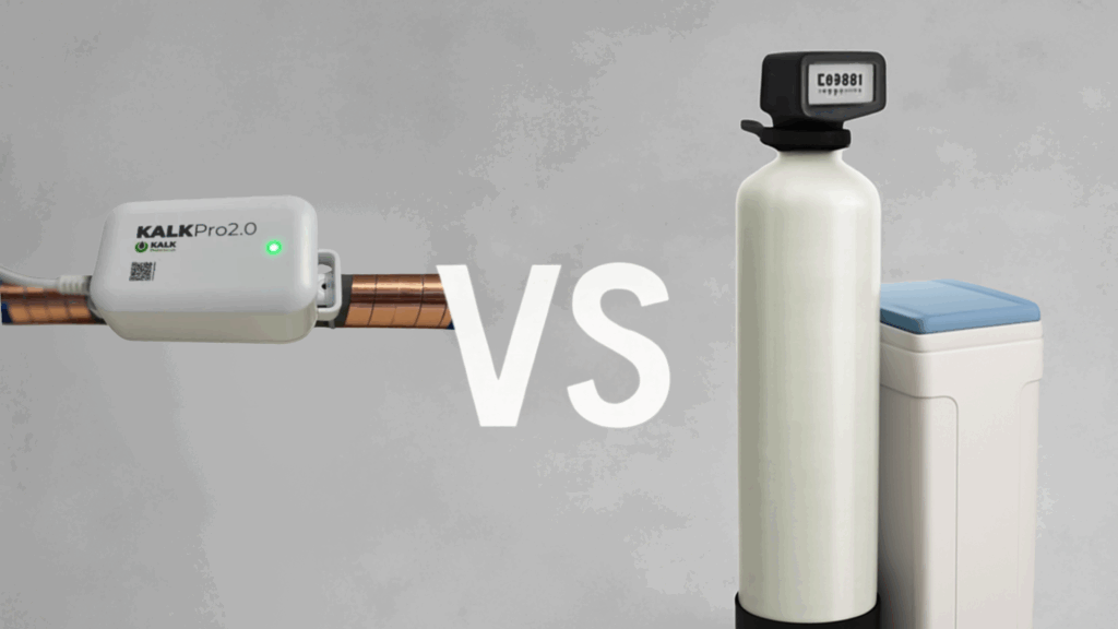 Visuel sammenligning af KalkPro 2.0 på kobberrør versus traditionelt blødgøringsanlæg med saltbeholder – illustrerer forskel på elektronisk kalkspalter, der forebygger kalkaflejringer, og et stort vandblødøringssystem