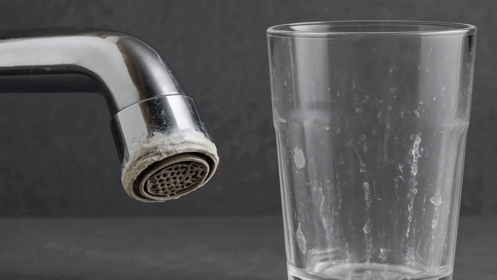 Glas med kalkholdigt vand ved siden af krom vandhane med tydelige kalkaflejringer på tud – illustrerer kalk i vandet