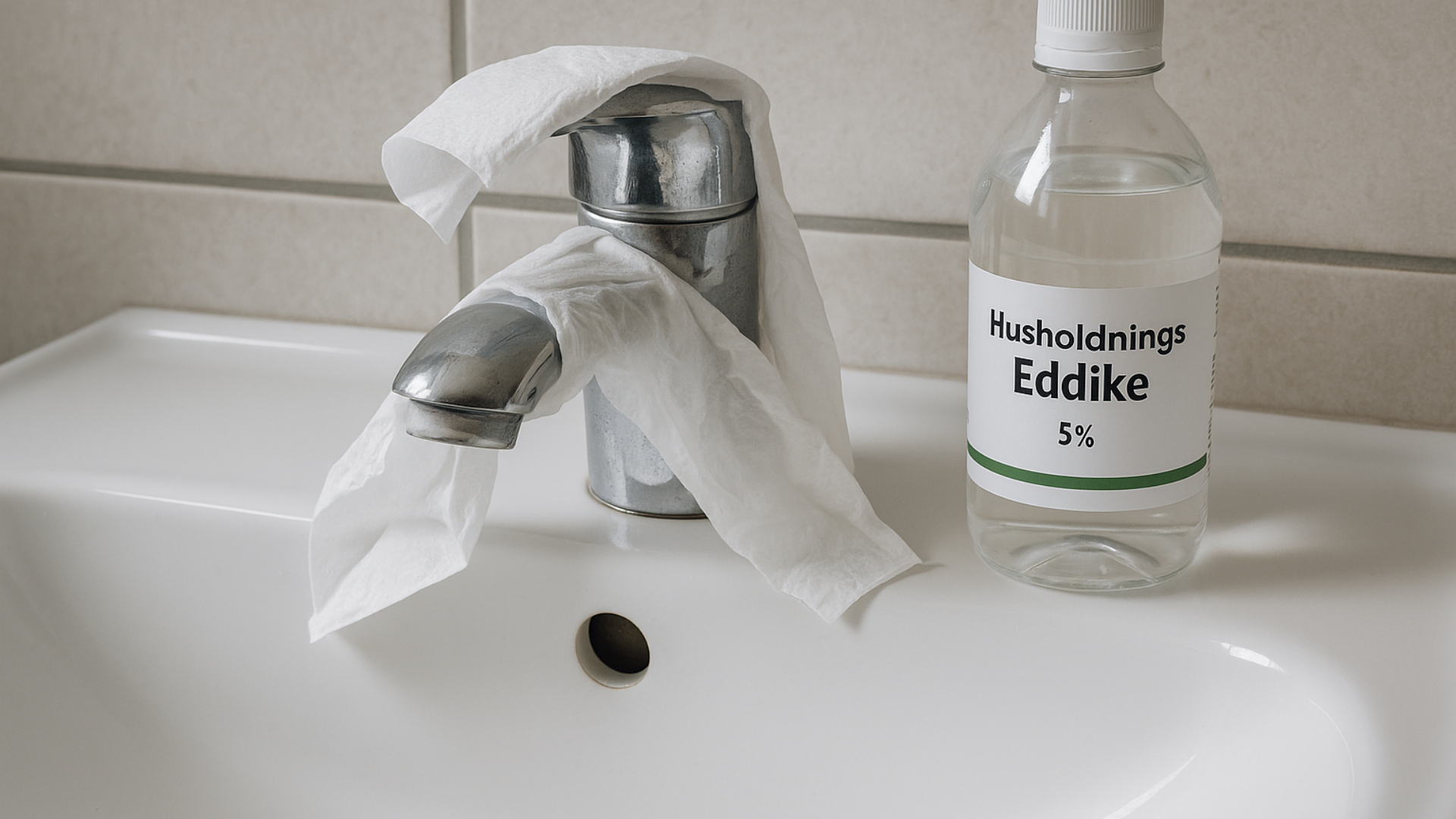 Kran i håndvask omviklet med papir og husholdningseddike til afkalkning af kalkaflejringer